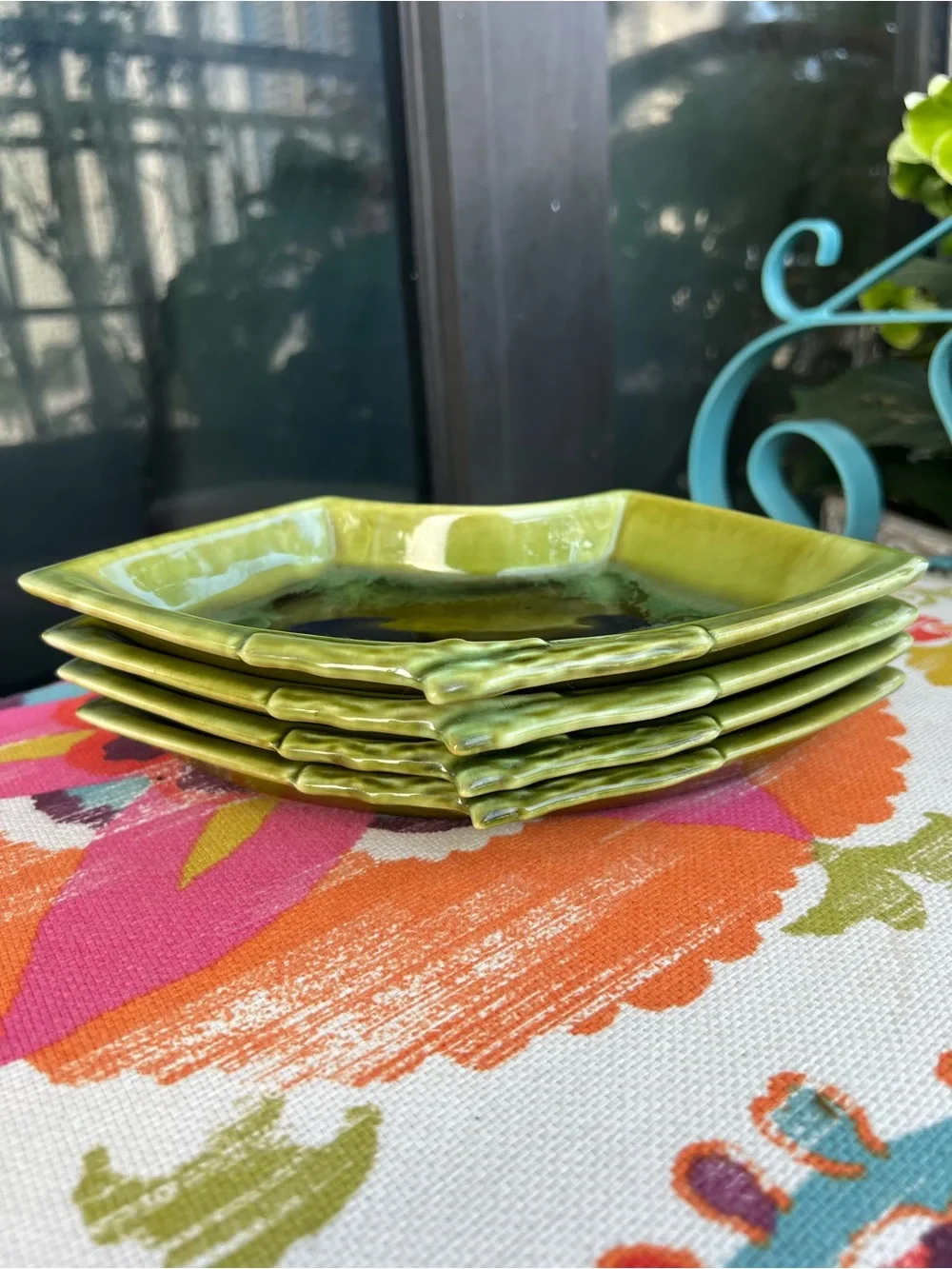 Vintage Wade California 504 Green Drip Glaze Bamboo Snack Serving Trays Set of 4